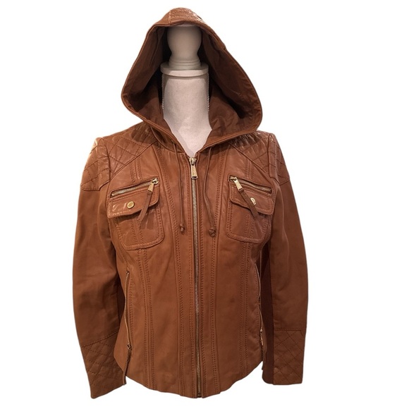 Michael Kors Women's Brown Leather Hooded Moto Jacket Size M - Picture 4 of 16